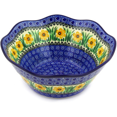 Polish Pottery Bowl 10&quot; Yellow Daffodil Field UNIKAT