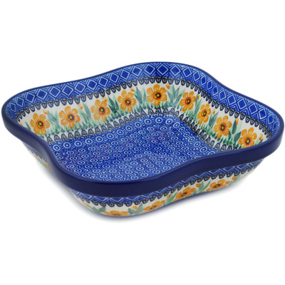 Polish Pottery Bowl 10&quot; Yellow Daffodil Field UNIKAT