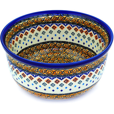 Polish Pottery Bowl 11&quot; Aztec Swirls UNIKAT