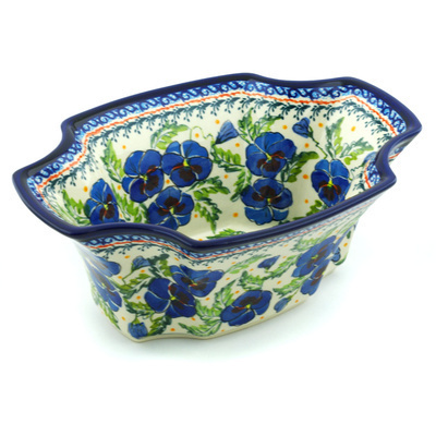Polish Pottery Bowl 11&quot; Blooming Blue Pansies UNIKAT