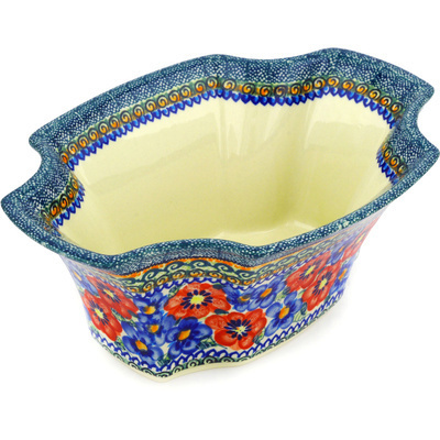Polish Pottery Bowl 11&quot; Blue And Red Poppies UNIKAT