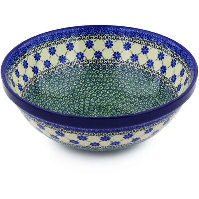 Polish Pottery Bowl 11&quot; Blue Daisies