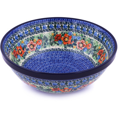 Polish Pottery Bowl 11&quot; Blue Daisy Bouquet UNIKAT