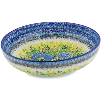 Polish Pottery Bowl 11" Blue Hydrangea UNIKAT