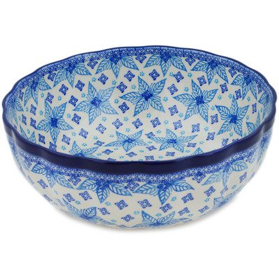 Polish Pottery Bowl 11&quot; Blue Poinsettia UNIKAT