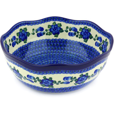 Polish Pottery Bowl 11&quot; Blue Poppies