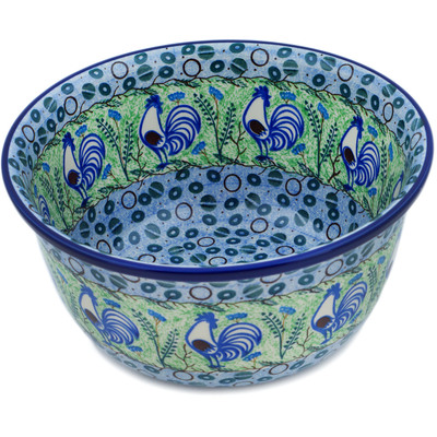 Polish Pottery Bowl 11&quot; Blue Rooster UNIKAT