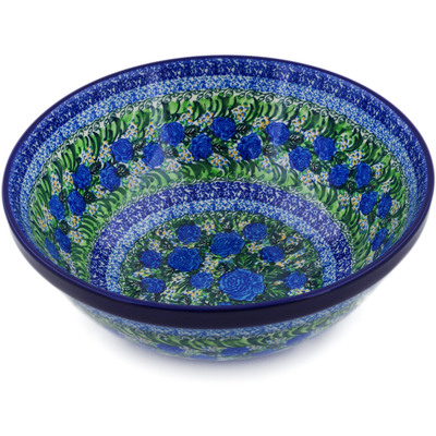 Polish Pottery Bowl 11&quot; Blue Roses UNIKAT