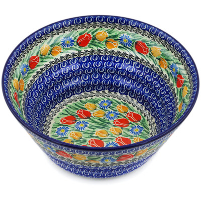 Polish Pottery Bowl 11&quot; Breathtaking Tulips UNIKAT