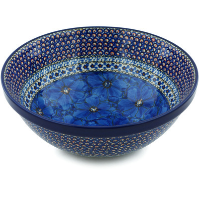 Polish Pottery Bowl 11&quot; Cobalt Poppies UNIKAT