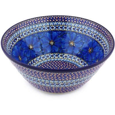 Polish Pottery Bowl 11&quot; Cobalt Poppies UNIKAT