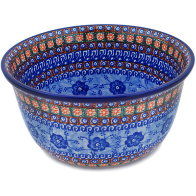 Polish Pottery Bowl 11&quot; Dancing Blue Poppies UNIKAT
