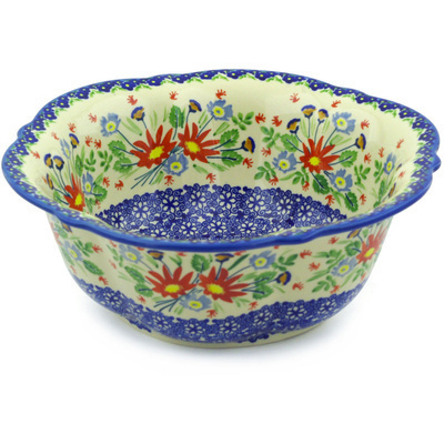 Polish Pottery Bowl 11&quot; Folk Flowers UNIKAT
