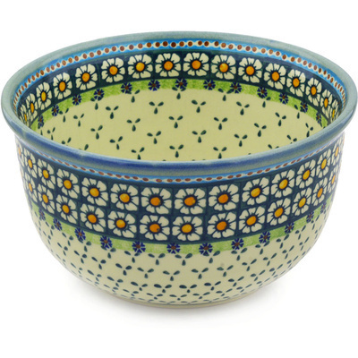 Polish Pottery Bowl 11&quot; Green Daisy