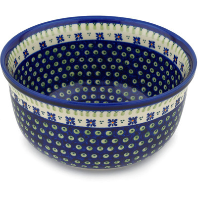 Polish Pottery Bowl 11&quot; Green Gingham Peacock