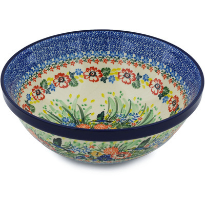 Polish Pottery Bowl 11&quot; Hummingbird Meadow UNIKAT