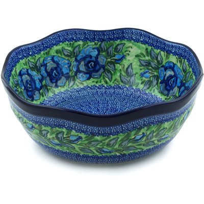 Polish Pottery Bowl 11&quot; Matisse Flowers Cobalt UNIKAT
