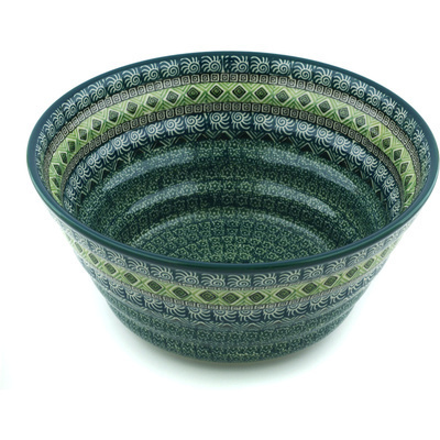 Polish Pottery Bowl 11&quot; Olive Aztek