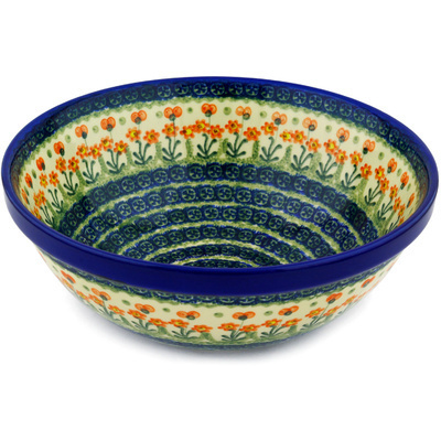 Polish Pottery Bowl 11&quot; Peach Spring Daisy