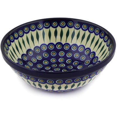 Polish Pottery Bowl 11&quot; Peacock Leaves