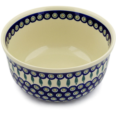 Polish Pottery Bowl 11&quot; Peacock Leaves
