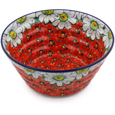 Polish Pottery Bowl 11&quot; Sweet Red Petals UNIKAT
