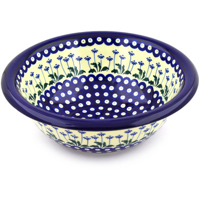 Polish Pottery Bowl 12&quot; Blue Daisy Peacock