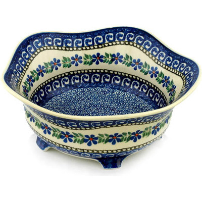 Polish Pottery Bowl 12&quot; Blue Daisy Swirls