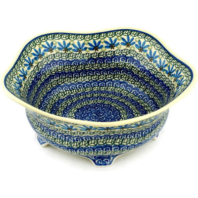 Polish Pottery Bowl 12&quot; Blue Fan Flowers