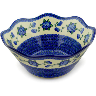 Polish Pottery Bowl 12&quot; Blue Poppies