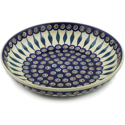 Polish Pottery Bowl 12&quot; Peacock Leaves