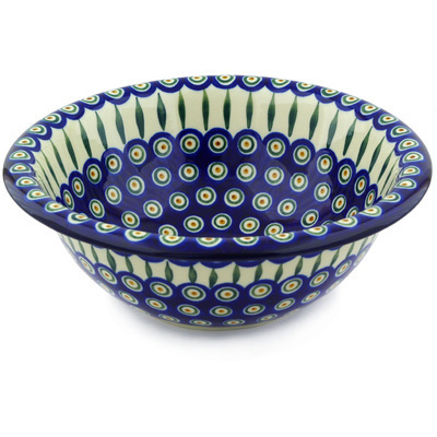Polish Pottery Bowl 12&quot; Peacock Leaves