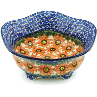 Polish Pottery Bowl 12&quot; Red Blooms UNIKAT