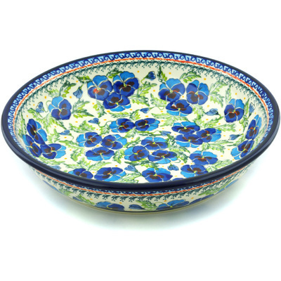 Polish Pottery Bowl 13&quot; Blooming Blue Pansies UNIKAT