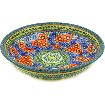 Polish Pottery Bowl 13&quot; Blue And Red Poppies UNIKAT