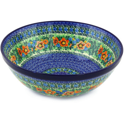 Polish Pottery Bowl 13&quot; Blue Daisy Bouquet UNIKAT