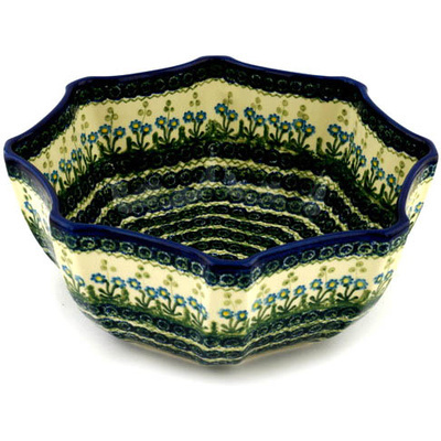 Polish Pottery Bowl 13&quot; Blue Daisy Circle