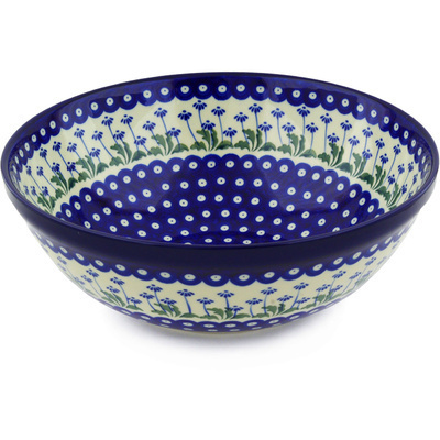 Polish Pottery Bowl 13&quot; Blue Daisy Peacock