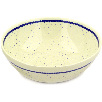 Polish Pottery Bowl 13&quot; Blue Polka Dot