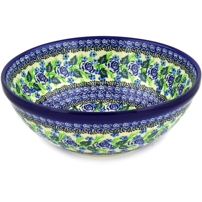 Polish Pottery Bowl 13&quot; Blue Rose Garden