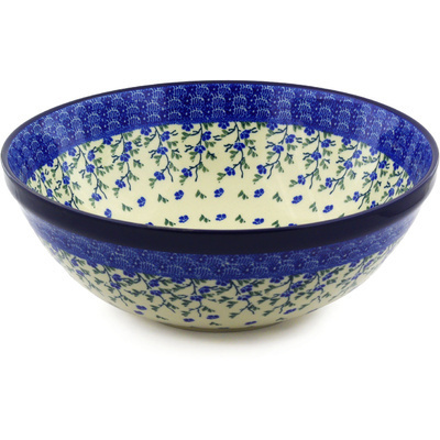 Polish Pottery Bowl 13&quot; Cascading Blue Blossoms