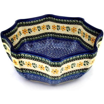 Polish Pottery Bowl 13&quot; Golden Daisy Swirl