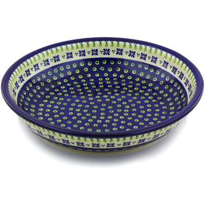 Polish Pottery Bowl 13&quot; Green Gingham Peacock