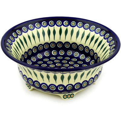 Polish Pottery Bowl 13&quot; Peacock Leaves