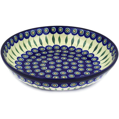 Polish Pottery Bowl 13&quot; Peacock Leaves