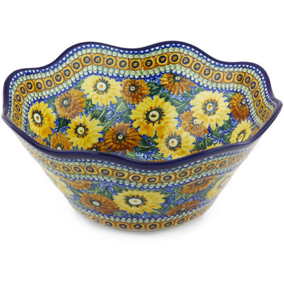Polish Pottery Bowl 14&quot; Autumn Chrysanthemums UNIKAT