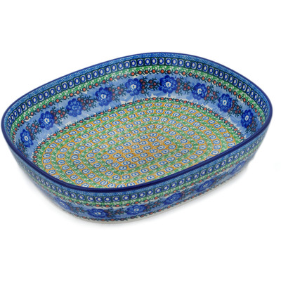 Polish Pottery Bowl 14&quot; Blue Poppy Circle UNIKAT