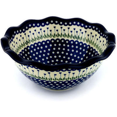 Polish Pottery Bowl 14&quot; Blue Tulip Peacock