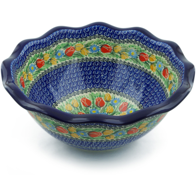 Polish Pottery Bowl 14&quot; Breathtaking Tulips UNIKAT