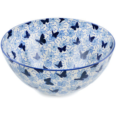 Polish Pottery Bowl 14&quot; Cobalt Butterflies UNIKAT